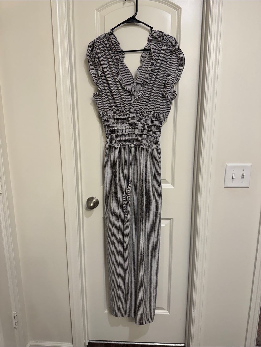 Striped Black & White Smocked-Waist Jumpsuit